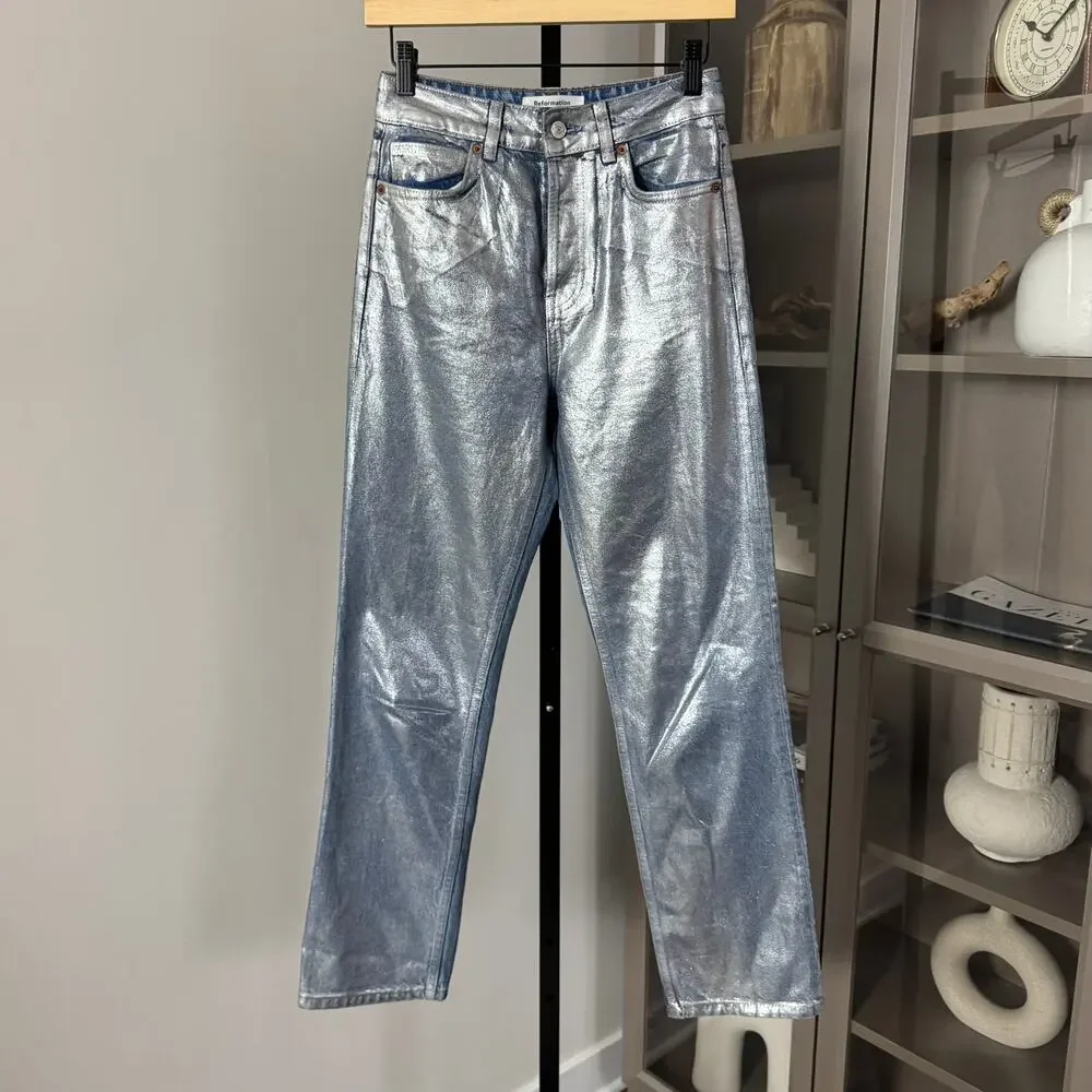 Reformation Cynthia Silver Metallic Wash Straight Leg Jeans 25 Metal Blue Denim